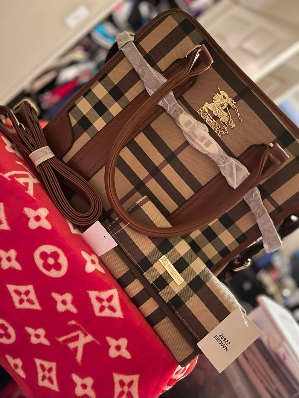 Brown Check Leather Top-Handle Tote